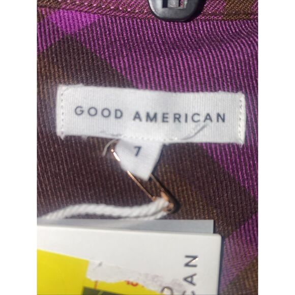 Good American Womens Size 7 XXXL Plum Plaid Flannel Button Up Shacket NEW - Picture 3 of 4